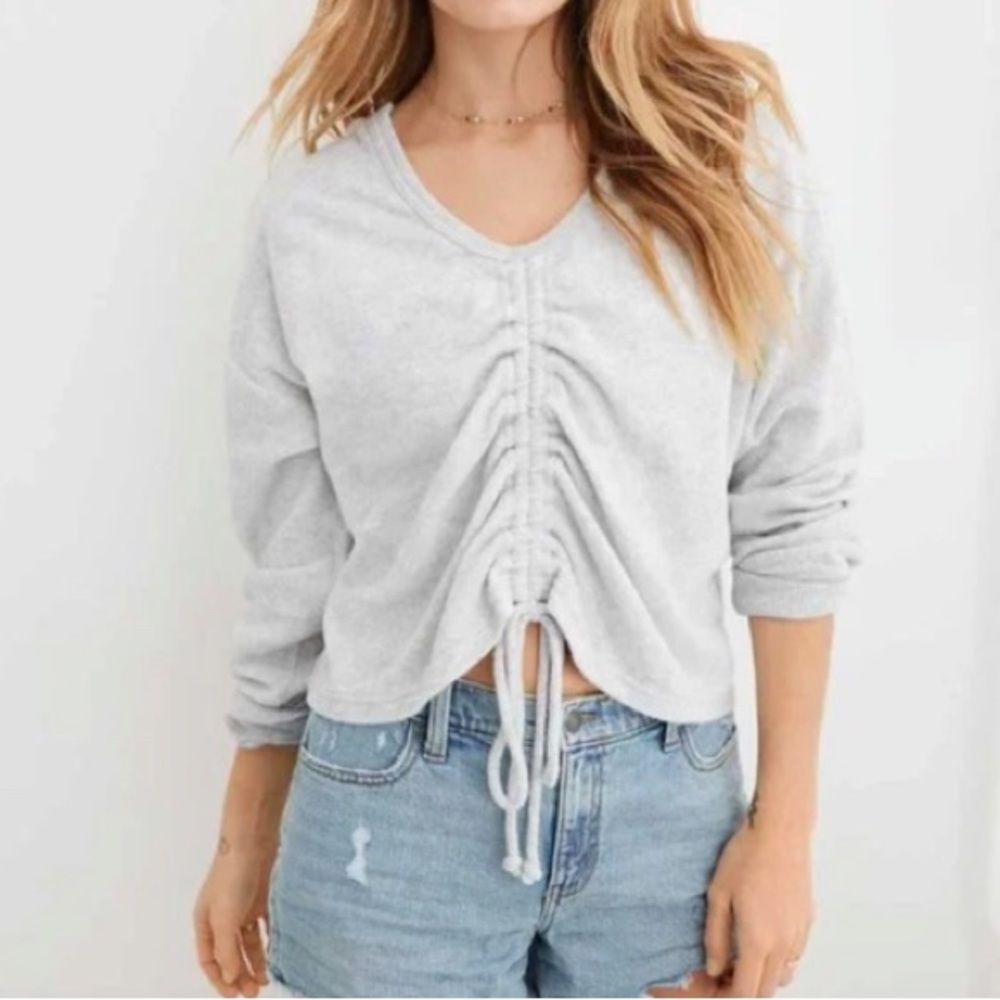 Aerie Towel Terry Cinch Sweatshirt Light Heather Gray Cropped